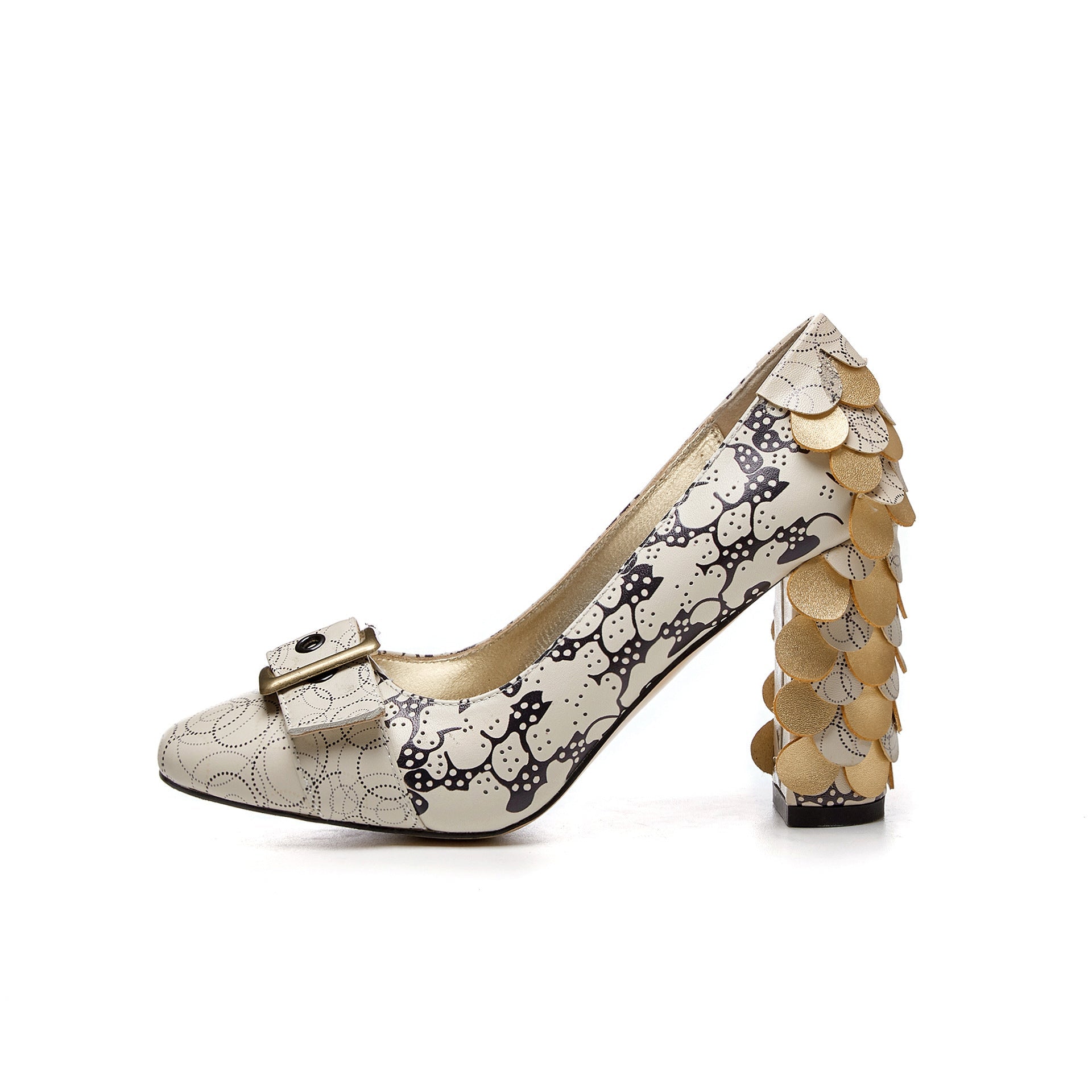 Chunky Heel High Heel Large Size Shoes Printed Cowhide Beige