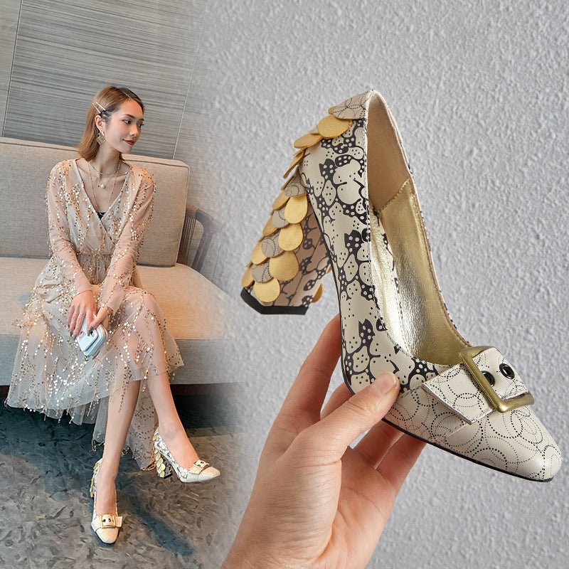 Chunky Heel High Heel Large Size Shoes Printed Cowhide Beige