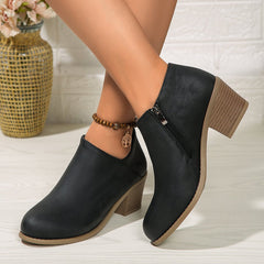 Chunky Heel Round Toe Ankle Boots With Side Zipper Design Black
