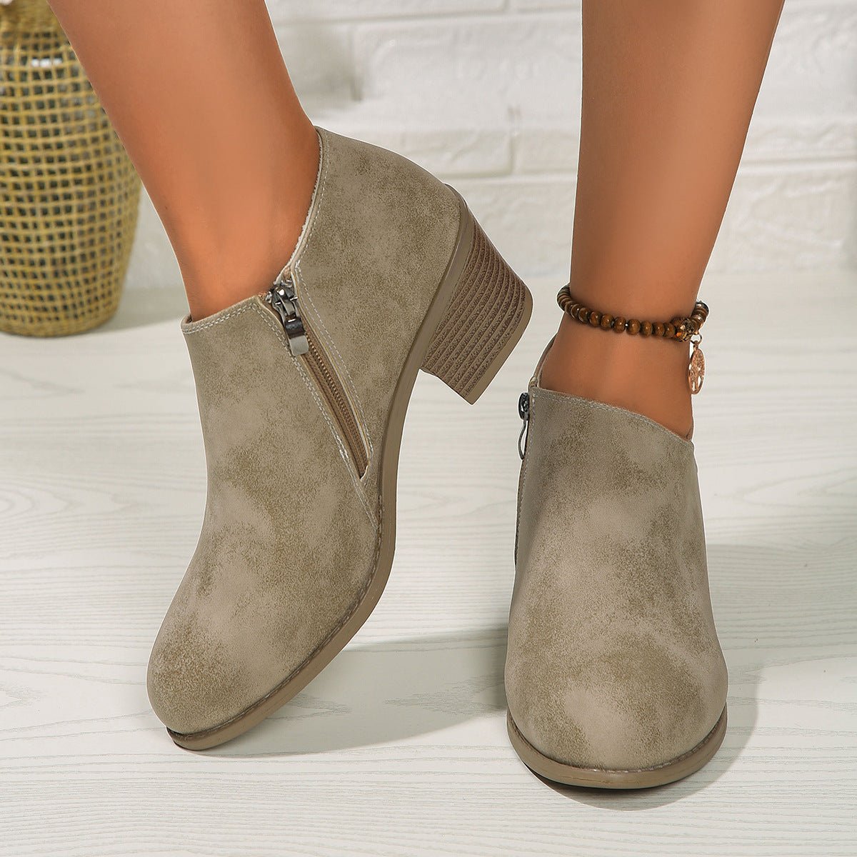 Chunky Heel Round Toe Ankle Boots With Side Zipper Design Khaki