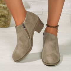 Chunky Heel Round Toe Ankle Boots With Side Zipper Design Khaki