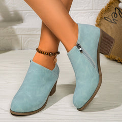 Chunky Heel Round Toe Ankle Boots With Side Zipper Design Blue