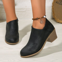 Chunky Heel Round Toe Ankle Boots With Side Zipper Design Blue