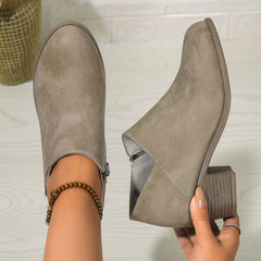 Chunky Heel Round Toe Ankle Boots With Side Zipper Design Black