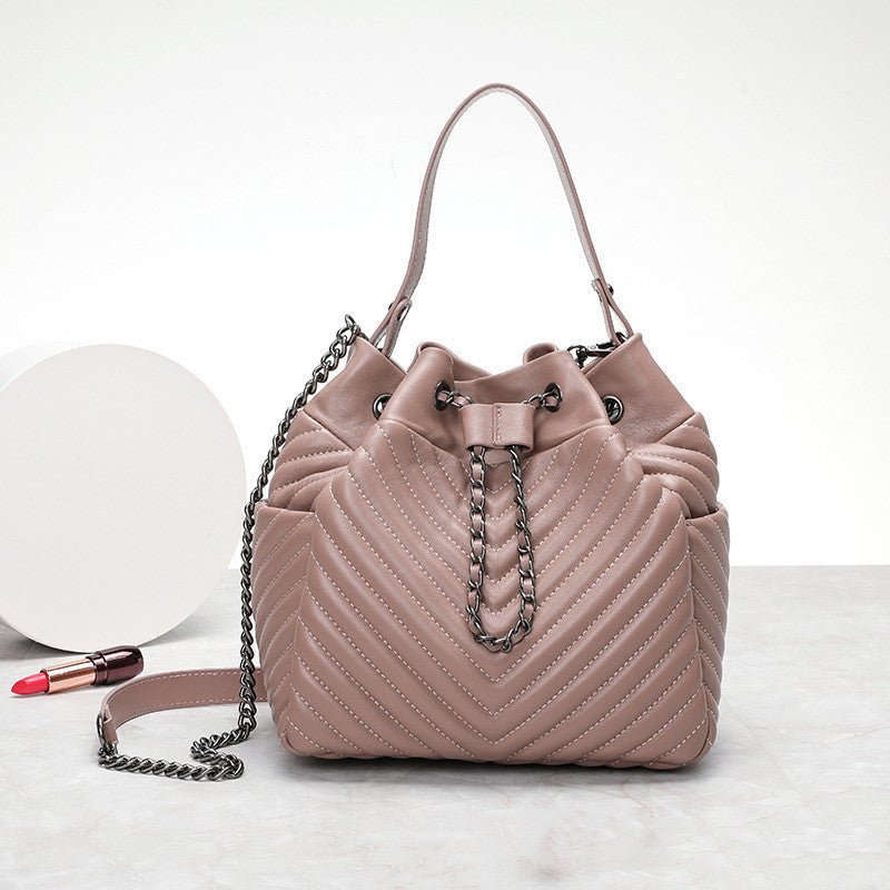 Clutch Pleated Sheepskin Leather Top Handle & Chain Shoulder Bag Apricot