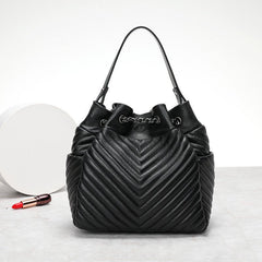 Clutch Pleated Sheepskin Leather Top Handle & Chain Shoulder Bag Black