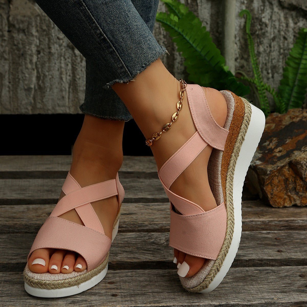 Colorful Fish Mouth Woven Hollowed Out Sandals with Pop Straps Beige