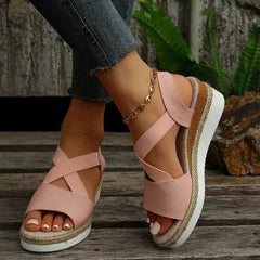 Colorful Fish Mouth Woven Hollowed Out Sandals with Pop Straps Beige