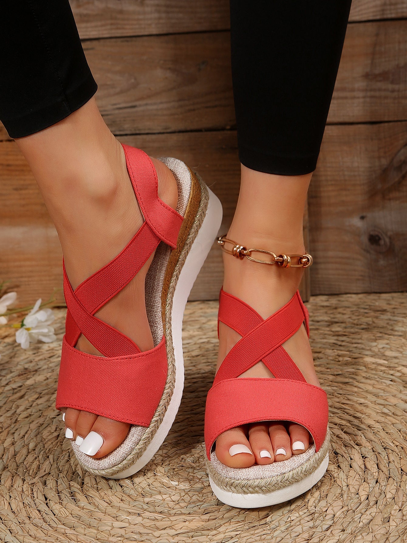 Colorful Fish Mouth Woven Hollowed Out Sandals with Pop Straps Red
