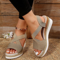 Colorful Fish Mouth Woven Hollowed Out Sandals with Pop Straps Beige