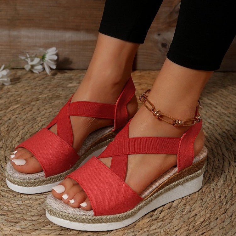 Colorful Fish Mouth Woven Hollowed Out Sandals with Pop Straps Beige