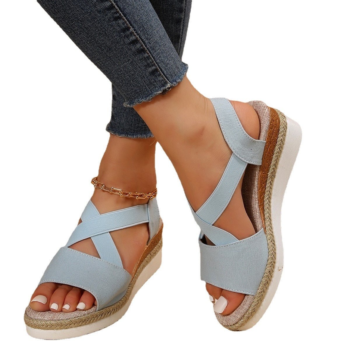 Colorful Fish Mouth Woven Hollowed Out Sandals with Pop Straps Beige