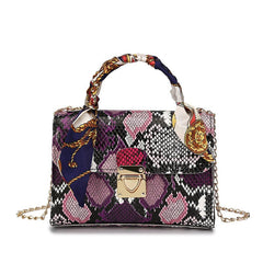 Colorful Snake Print Clutch Handbag with Silk Scarf Purple