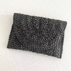 Cornhusk Woven Straw Fashion Clutch for Vacation Black