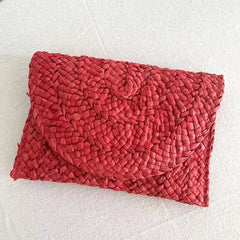 Cornhusk Woven Straw Fashion Clutch for Vacation Watermelon Red