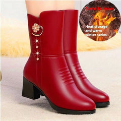 Cotton Boots Women's Soft Leather Red With Velvet Lining