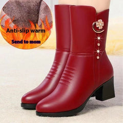 Cotton Boots Women's Soft Leather Red With Velvet Lining