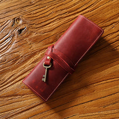 Cowhide Vintage Rolling Shutter Pen Bag - Three Fold Stationery Clip Wine Red