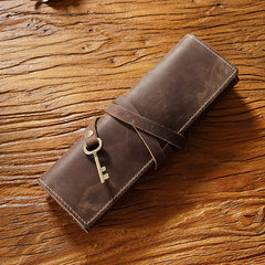 Cowhide Vintage Rolling Shutter Pen Bag - Three Fold Stationery Clip Coffee