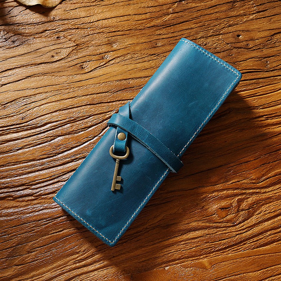 Cowhide Vintage Rolling Shutter Pen Bag - Three Fold Stationery Clip Blue