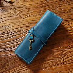 Cowhide Vintage Rolling Shutter Pen Bag - Three Fold Stationery Clip Blue