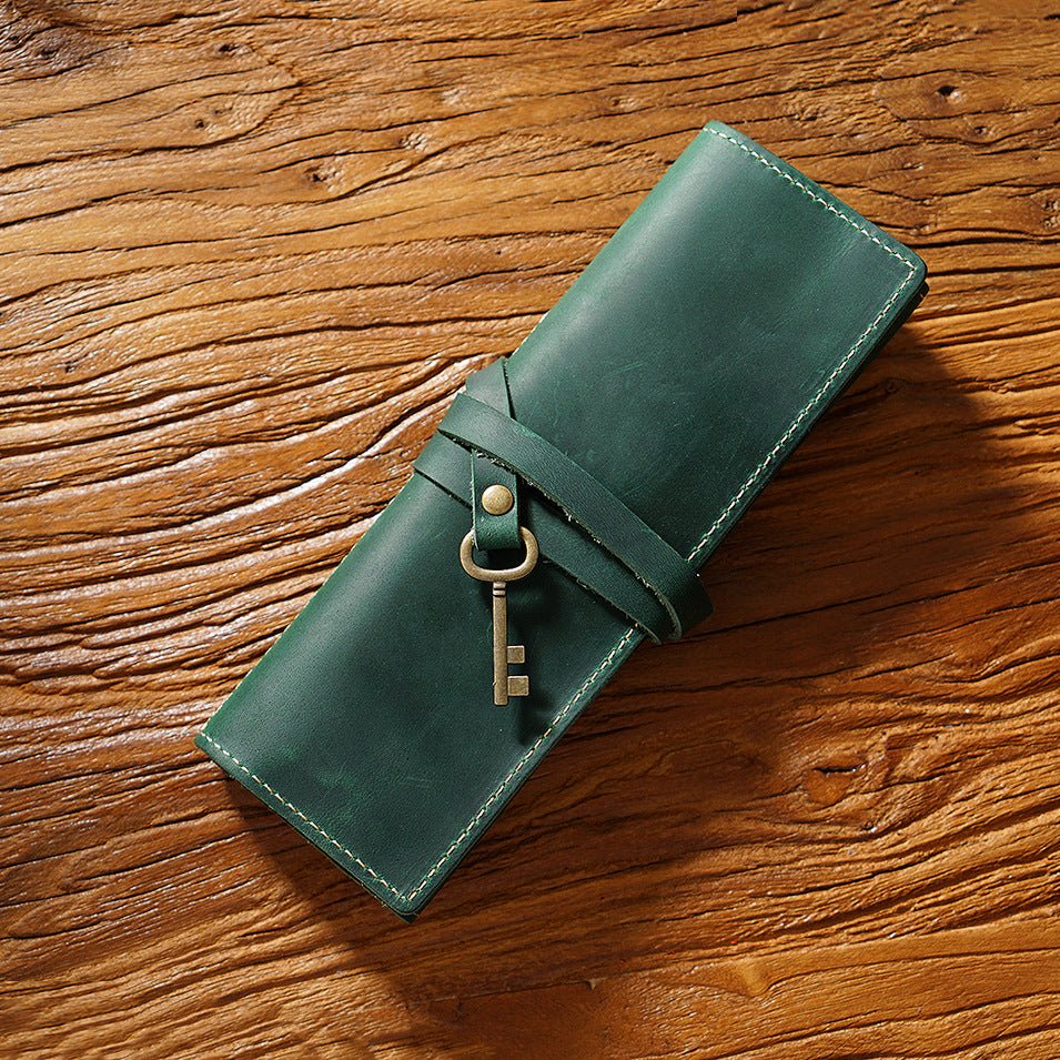 Cowhide Vintage Rolling Shutter Pen Bag - Three Fold Stationery Clip Dark green