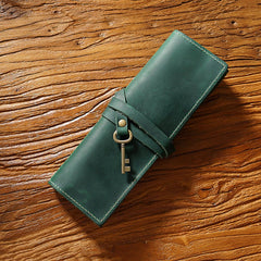 Cowhide Vintage Rolling Shutter Pen Bag - Three Fold Stationery Clip Dark green