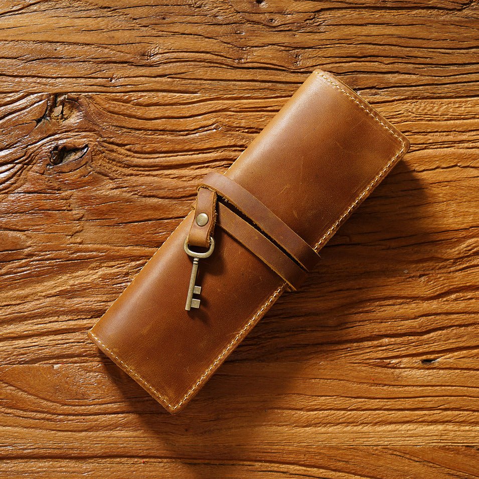 Cowhide Vintage Rolling Shutter Pen Bag - Three Fold Stationery Clip Brown