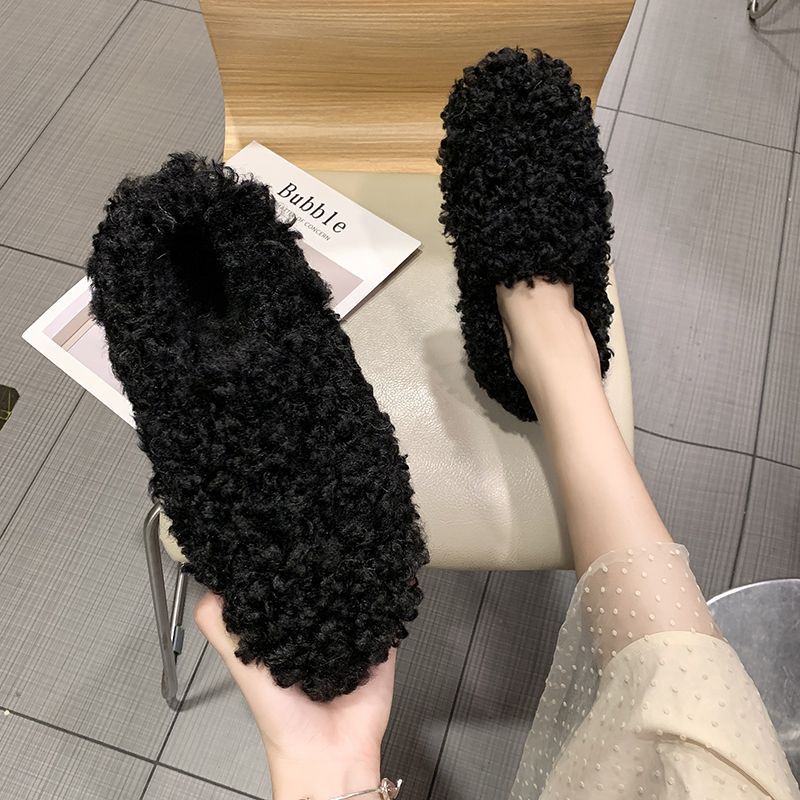 Cozy Slip - Ons Lamb Curly Pumps Women's Flat Bottom for Women Black