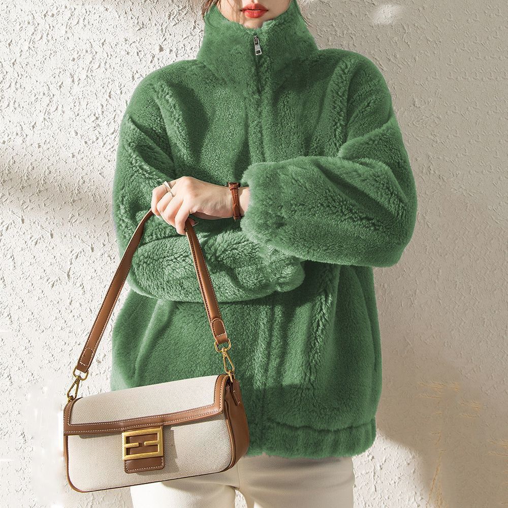 Cozy Stylish Short Coat Loose Fit Fleece Jacket for Women Light Green