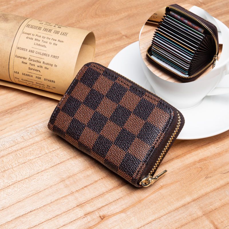 Credit Card Cover Women's Mini Purse Large Capacity Zipper Position Anti - degaussing Card Holder Chessboard Brown 18