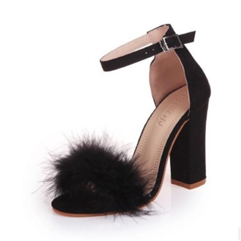 Cross - Border Explosive Buckle Thick Heel High - Heeled Hairy Sandals Black