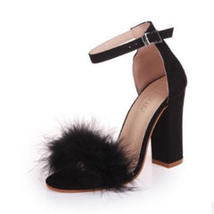 Cross - Border Explosive Buckle Thick Heel High - Heeled Hairy Sandals Black