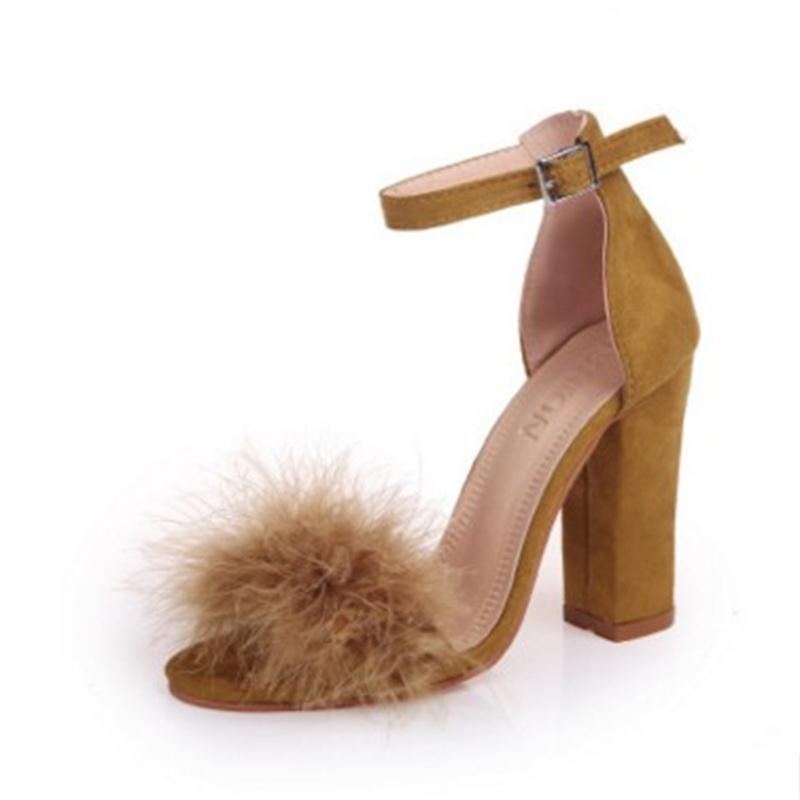 Cross - Border Explosive Buckle Thick Heel High - Heeled Hairy Sandals Yellow
