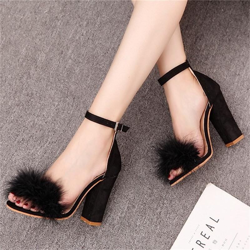 Cross - Border Explosive Buckle Thick Heel High - Heeled Hairy Sandals Beige