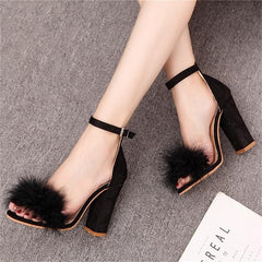Cross - Border Explosive Buckle Thick Heel High - Heeled Hairy Sandals Beige