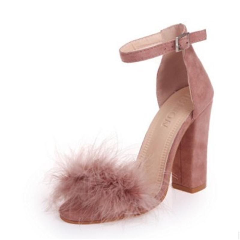 Cross - Border Explosive Buckle Thick Heel High - Heeled Hairy Sandals Pink