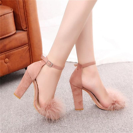 Cross - Border Explosive Buckle Thick Heel High - Heeled Hairy Sandals Beige