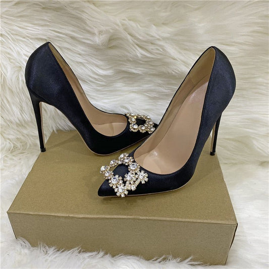 Crystal Square Buckle High Heel Shoes Black 10CM
