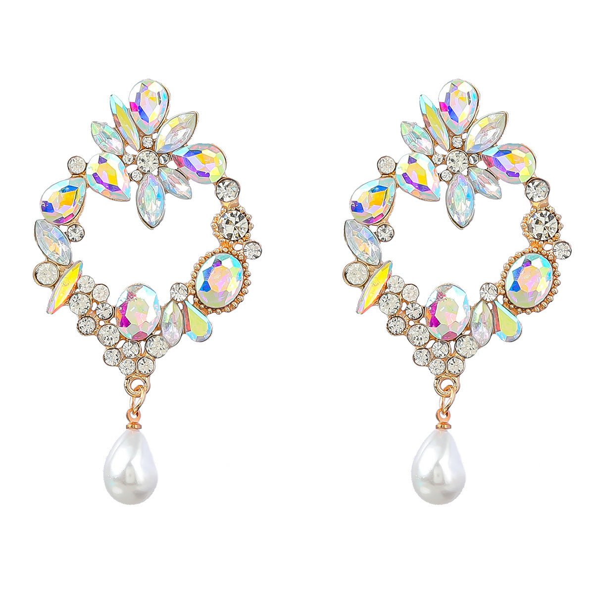 Dazzling Gold Diamond Geometric Flower Women's Faux Pearl Earrings AB Color