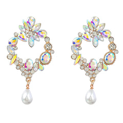 Dazzling Gold Diamond Geometric Flower Women's Faux Pearl Earrings AB Color