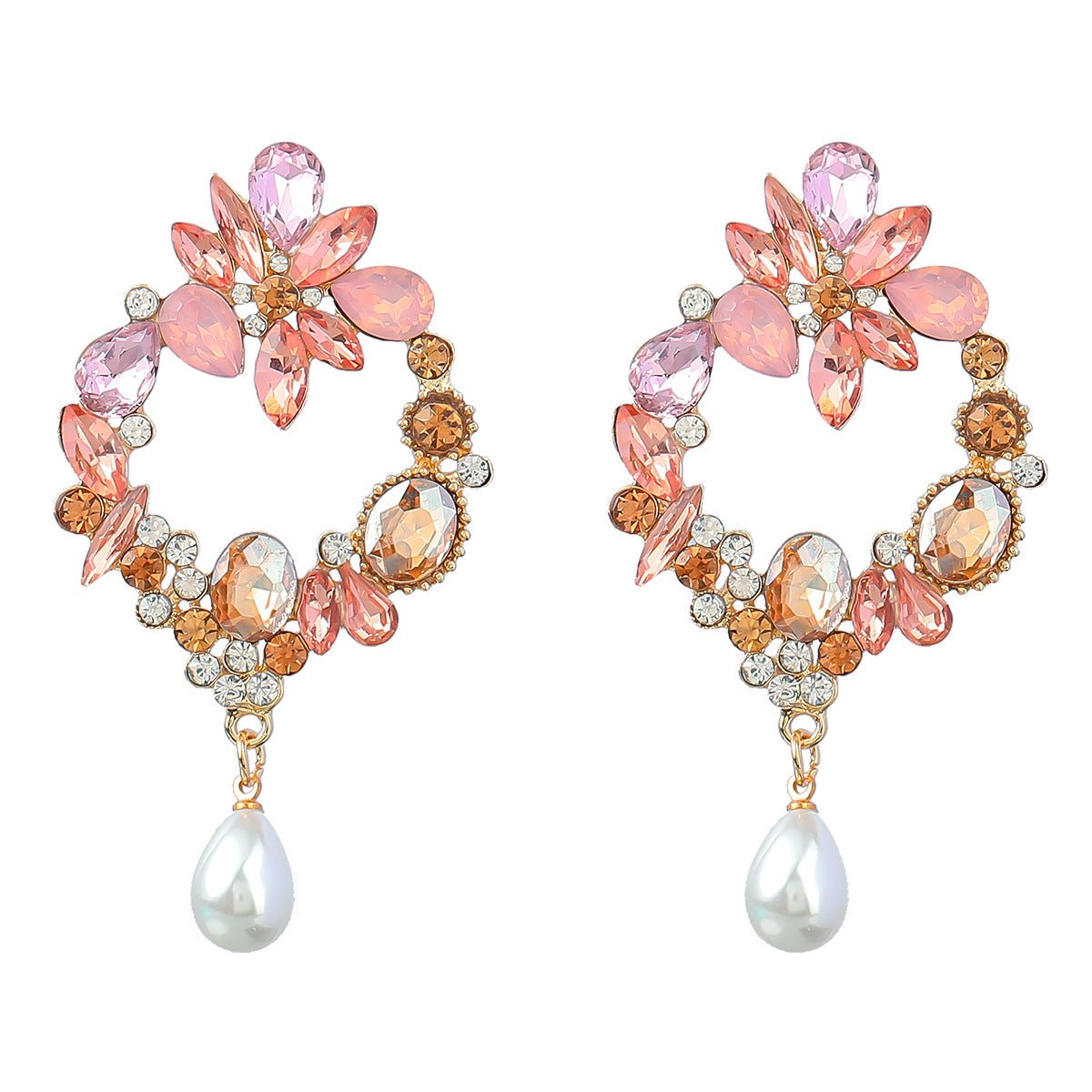 Dazzling Gold Diamond Geometric Flower Women's Faux Pearl Earrings Pink