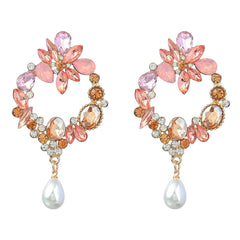 Dazzling Gold Diamond Geometric Flower Women's Faux Pearl Earrings Pink