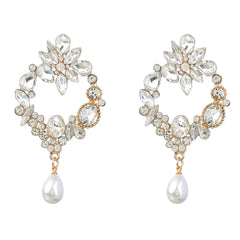 Dazzling Gold Diamond Geometric Flower Women's Faux Pearl Earrings White