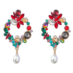 Dazzling Gold Diamond Geometric Flower Women's Faux Pearl Earrings Color