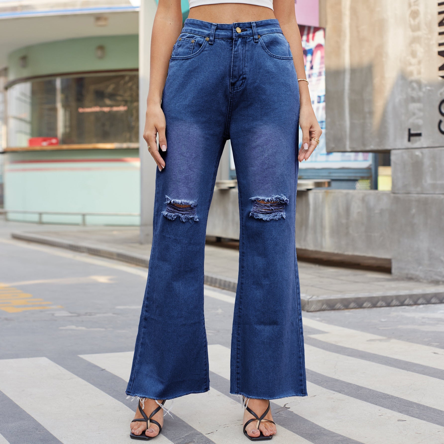 Denim Wide Leg Trousers Ripped Jeans Unique and Edgy look Dark Blue