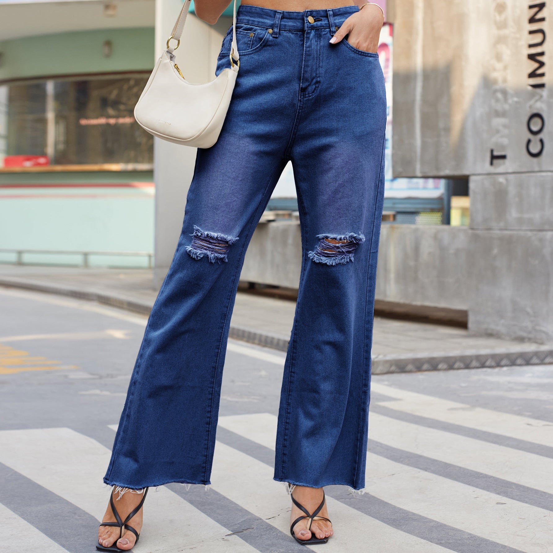 Denim Wide Leg Trousers Ripped Jeans Unique and Edgy look Dark Blue