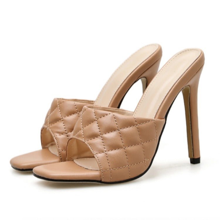 Early Spring Aliexpress Stitched Rhombus High - heel Half - drag Sandals Black