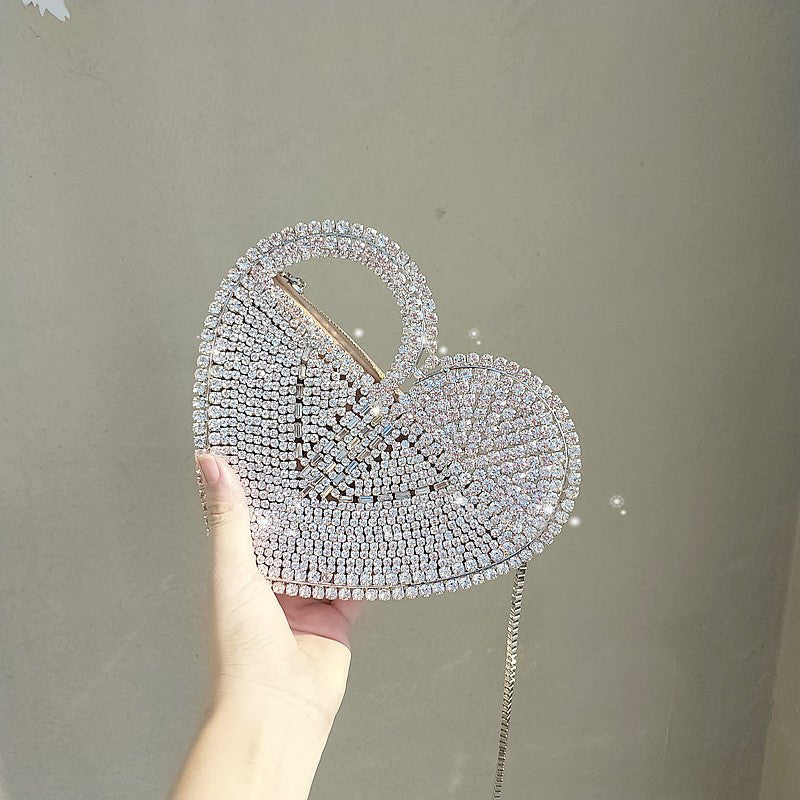 Elegant Heart - Shaped Clutch: Flashing Diamond Dinner Bag Silver