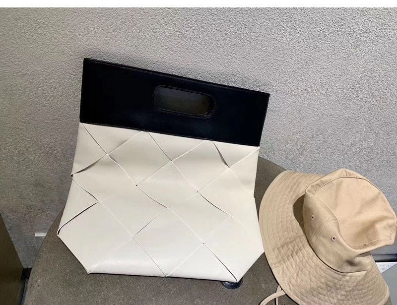 Embossed Woven Handbag Folding Clutch Bag White + black